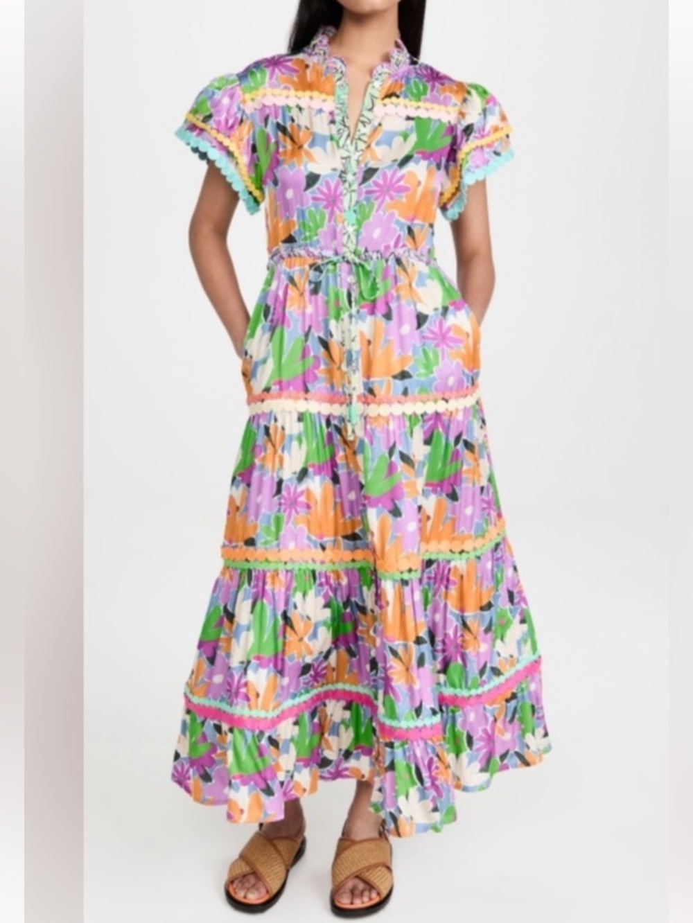 CELIA B ANEETA Dress Midi flutter sleeve button down with pockets Medium Sz S